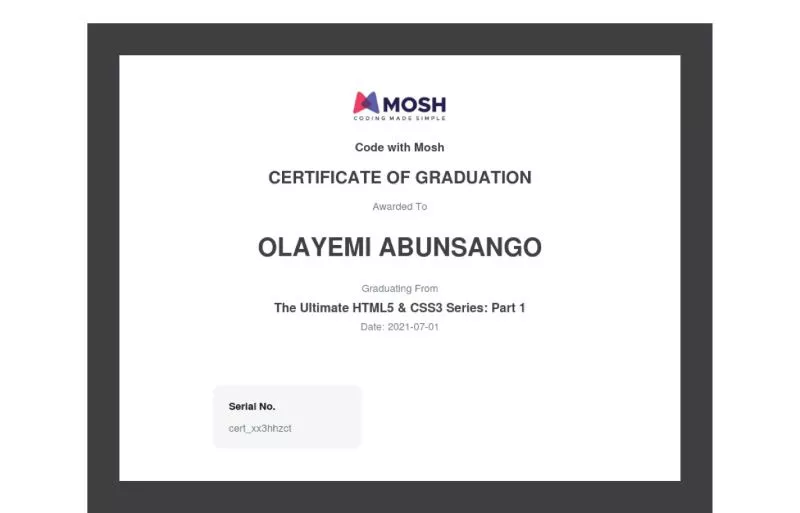 Certificate of completion for HTML and CSS Part 1