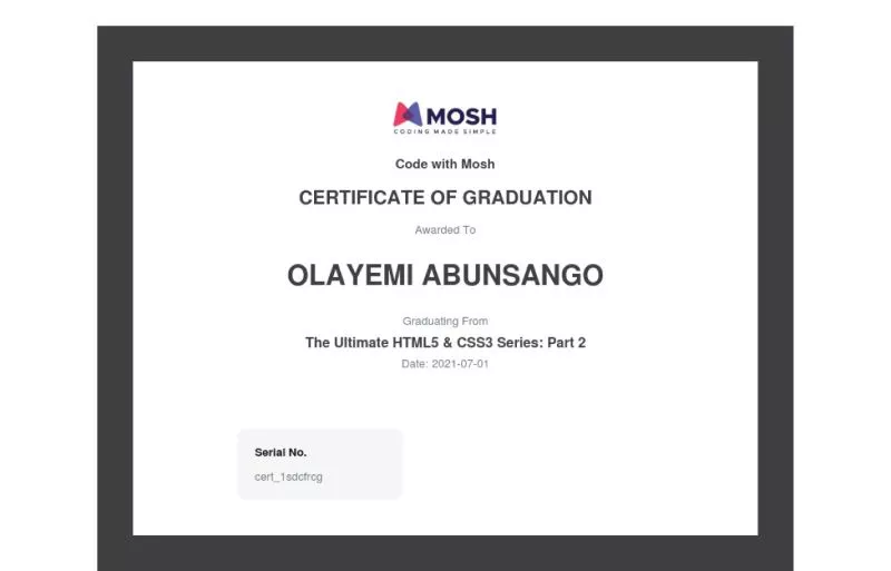 Certificate of completion for HTML and CSS Part 2