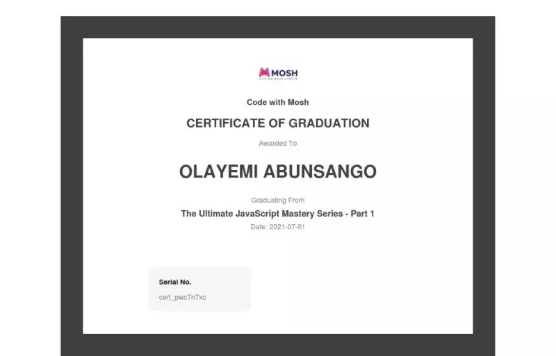 Certificate of completion for JavaScript Part 1