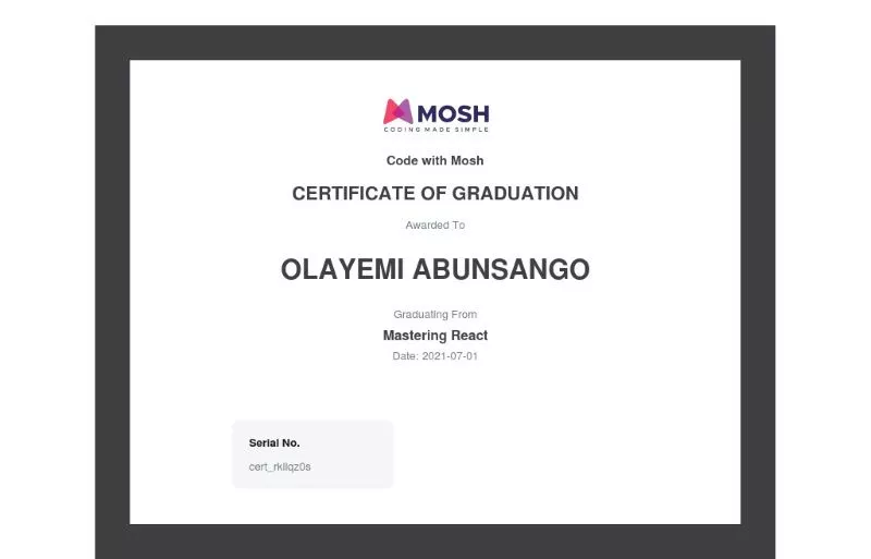 Certificate of completion for React